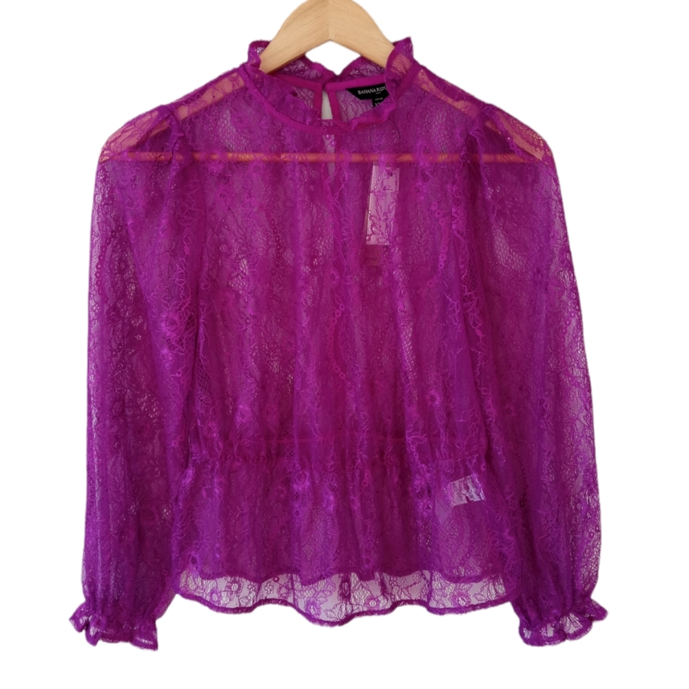 Banana Republic Factory Purple Magenta Lace Overlay Blouse NEW Sz XS Petite